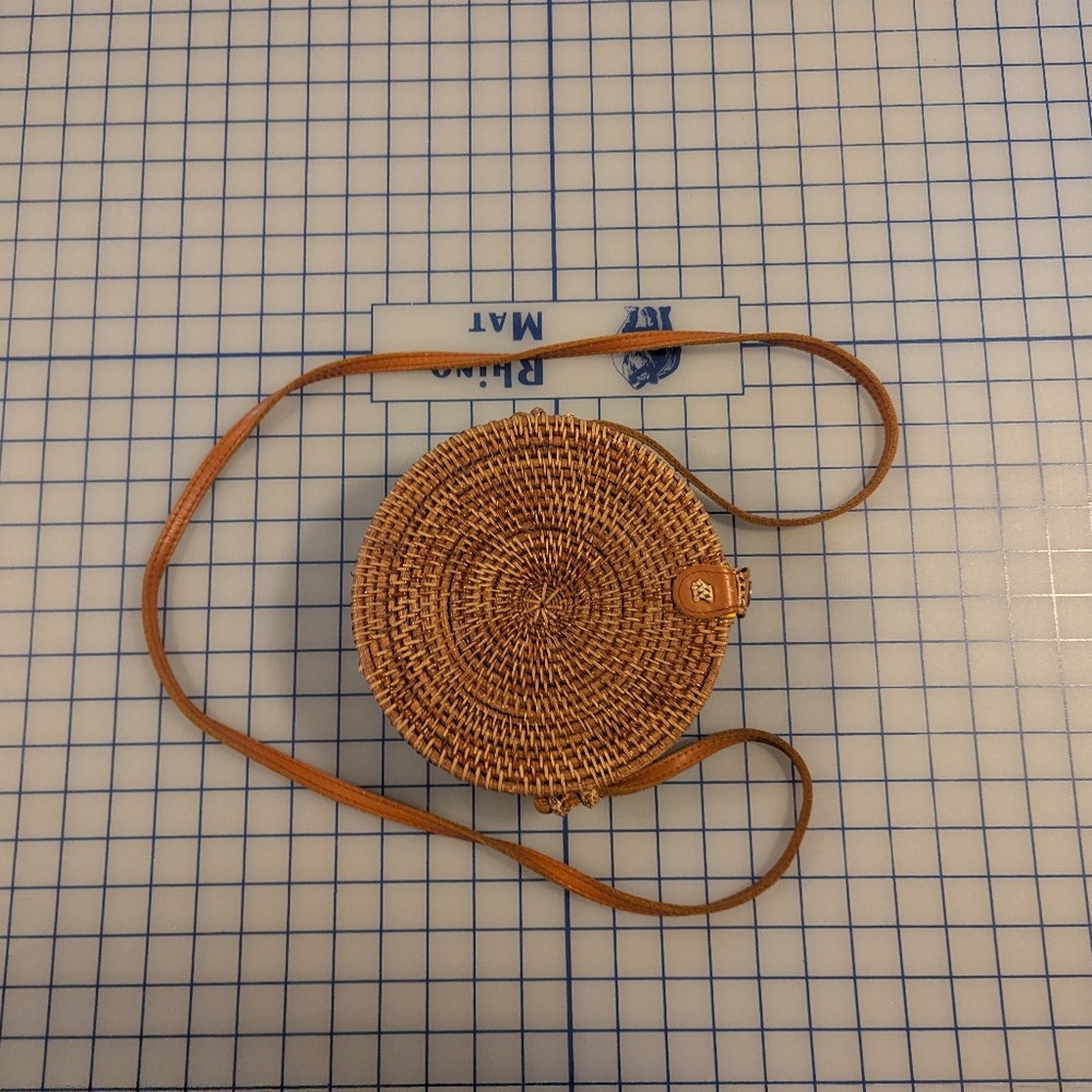 Round Woven Tan Crossbody Bag